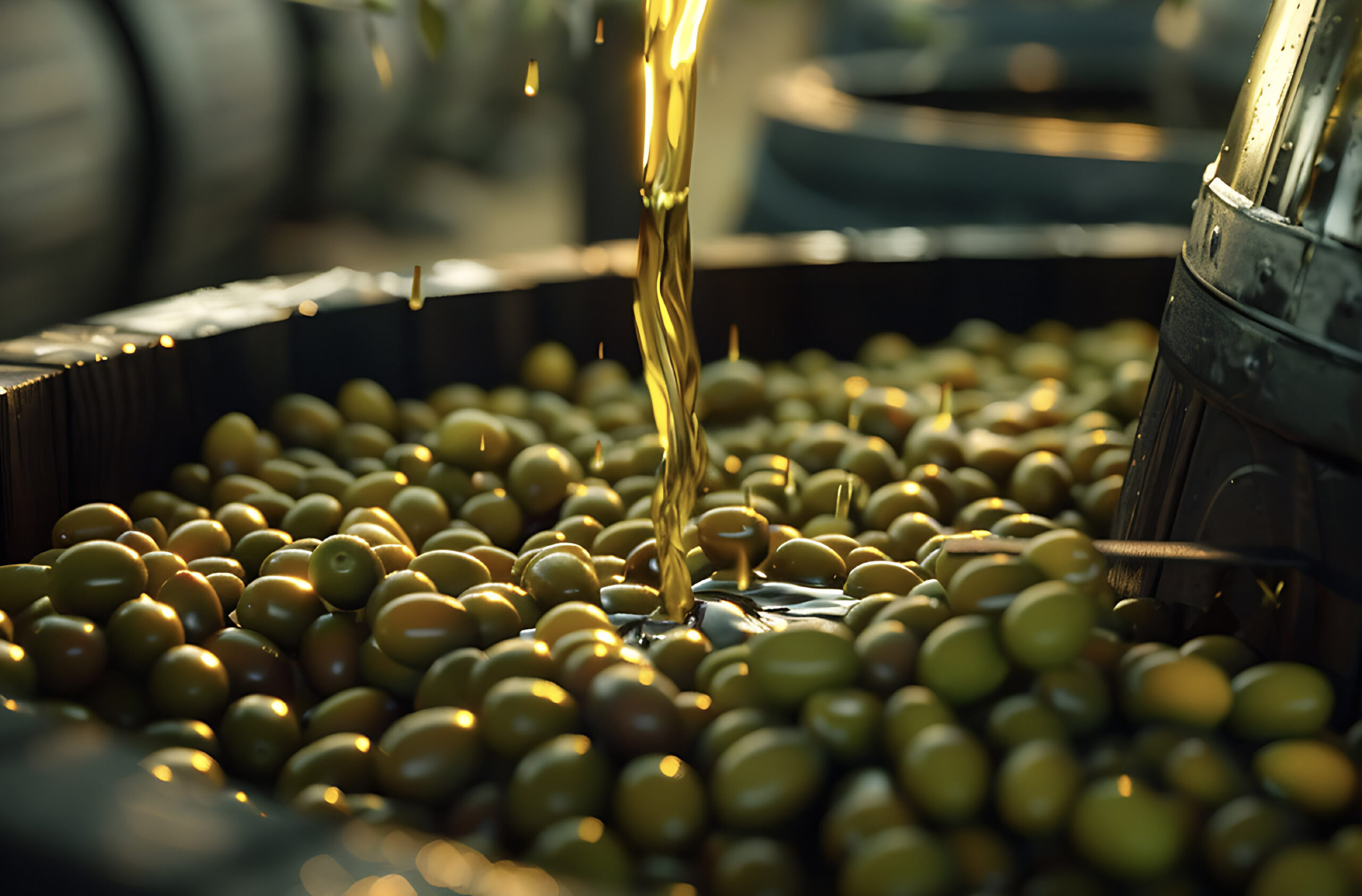 Bucket of olives with extra virgin olive oil being poured on top